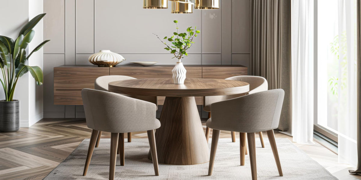 A mid-century modern dining room with a round walnut pedestal table, upholstered barrel chairs, gold pendant lights, and a white vase with fresh greenery