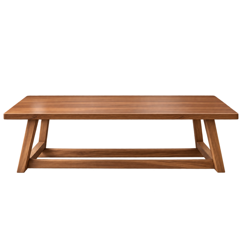 Front view of warm wood rectangular coffee table