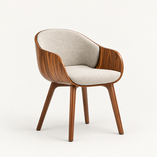 Beige Curved Wood Upholstered Accent Chair
