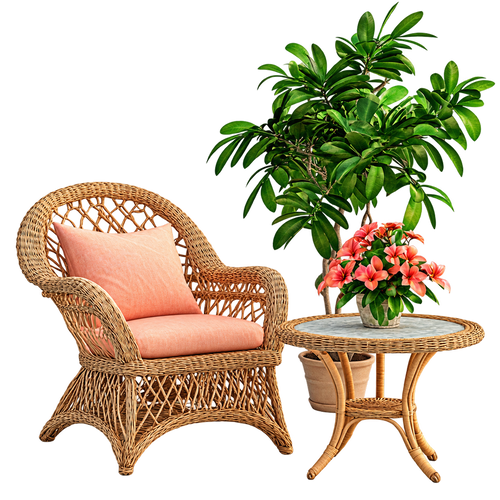 Round wicker-look accent table beside a woven chair with plants and flowers as styling props