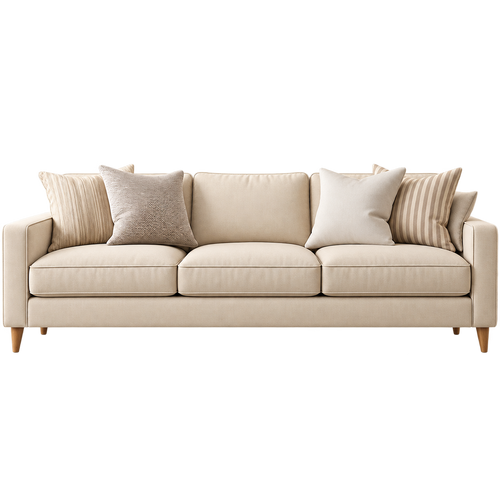 Front view of cream three-seater sofa with accent pillows