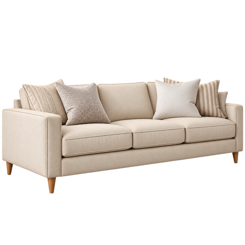 Angled left view of cream three-seater sofa