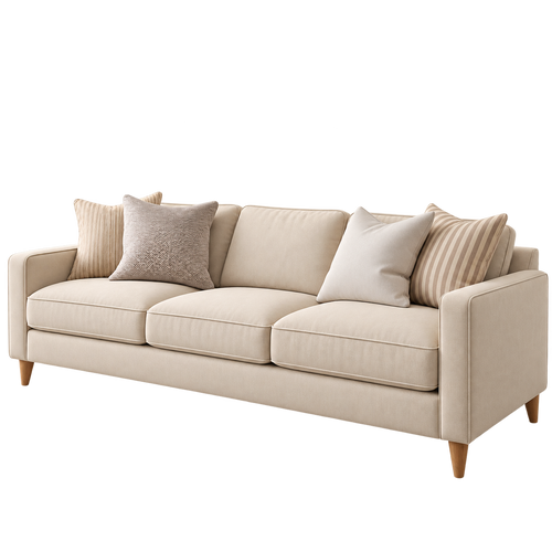 Angled right view of cream three-seater sofa