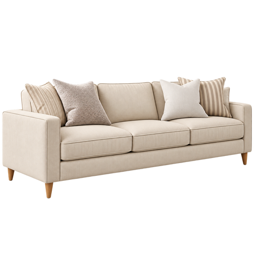 Cream three-seater sofa with straight arms and tapered legs
