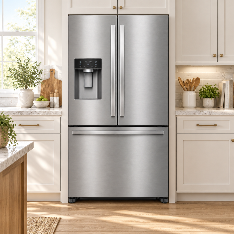 Brushed stainless steel French door refrigerator installed in a bright modern kitchen