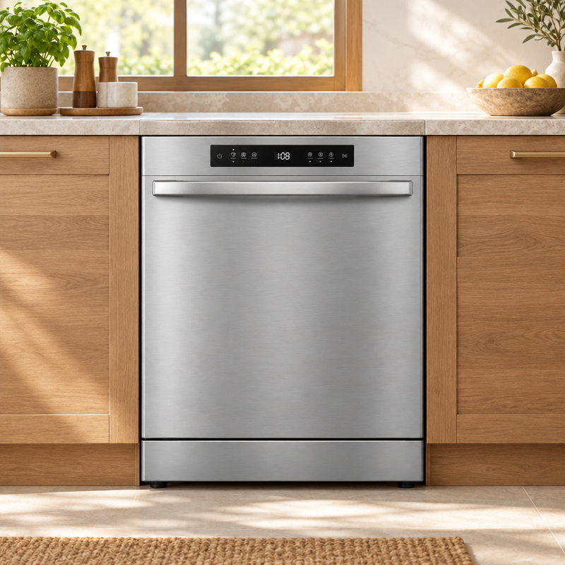 Silver freestanding dishwasher installed in a bright modern kitchen with wooden cabinetry
