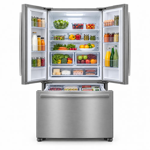 French door refrigerator with both doors and bottom freezer drawer open, showing the organized interior