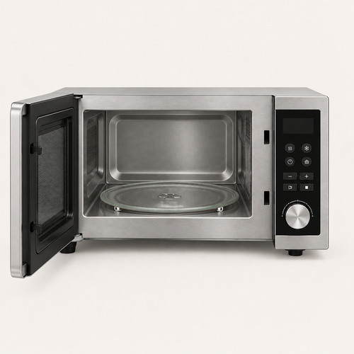Microwave with the door open showing the interior cavity and glass turntable, on an off-white #f6f2f0 background