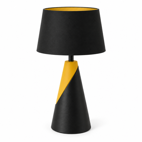 Modern black-and-yellow table lamp shown from the rear three-quarter angle, matching the front view