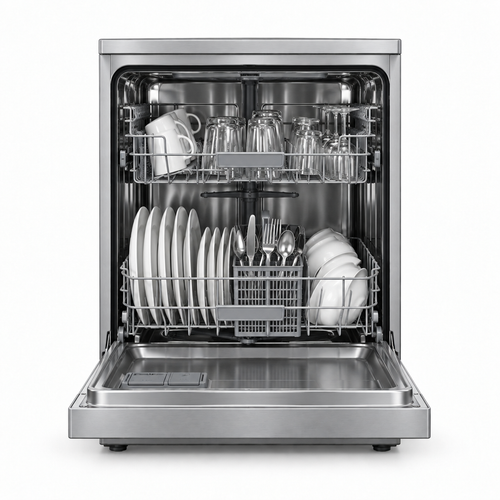 Dishwasher door open showing the dual rack system loaded with cups, plates, and a cutlery basket