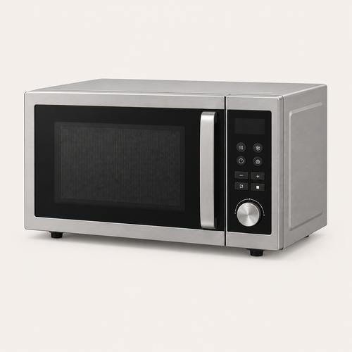 Three-quarter angle of the stainless steel countertop microwave showing the front, side, and control panel, on an off-white #f6f2f0 background