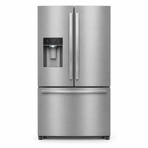 Front view of the brushed stainless steel French door refrigerator with ice and water dispenser, on a clean white background