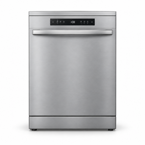 Front view of the silver freestanding dishwasher with digital control panel