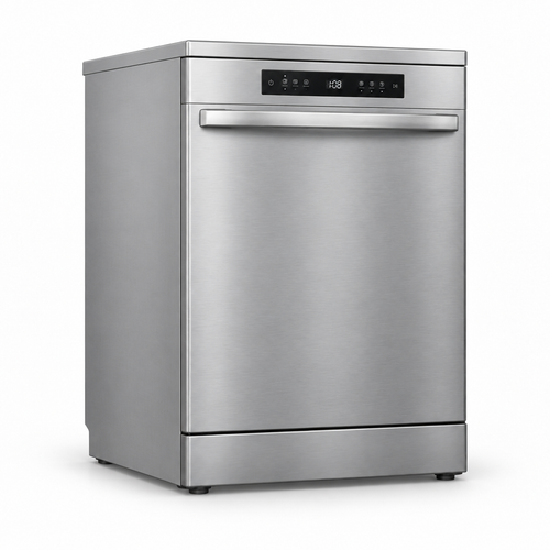 Three-quarter angle of the silver freestanding dishwasher showing the front and side