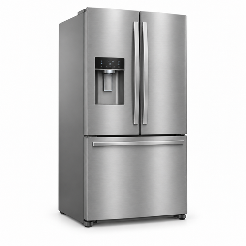 Three-quarter angle of the brushed stainless steel French door refrigerator showing the side and dispenser