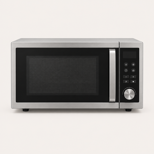 Front view of the stainless steel countertop microwave with tinted glass door and rotary dial, on an off-white #f6f2f0 background