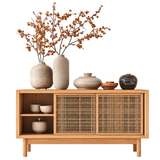 Low wooden sideboard with cane-style front panels, open shelves and decorative vases on top