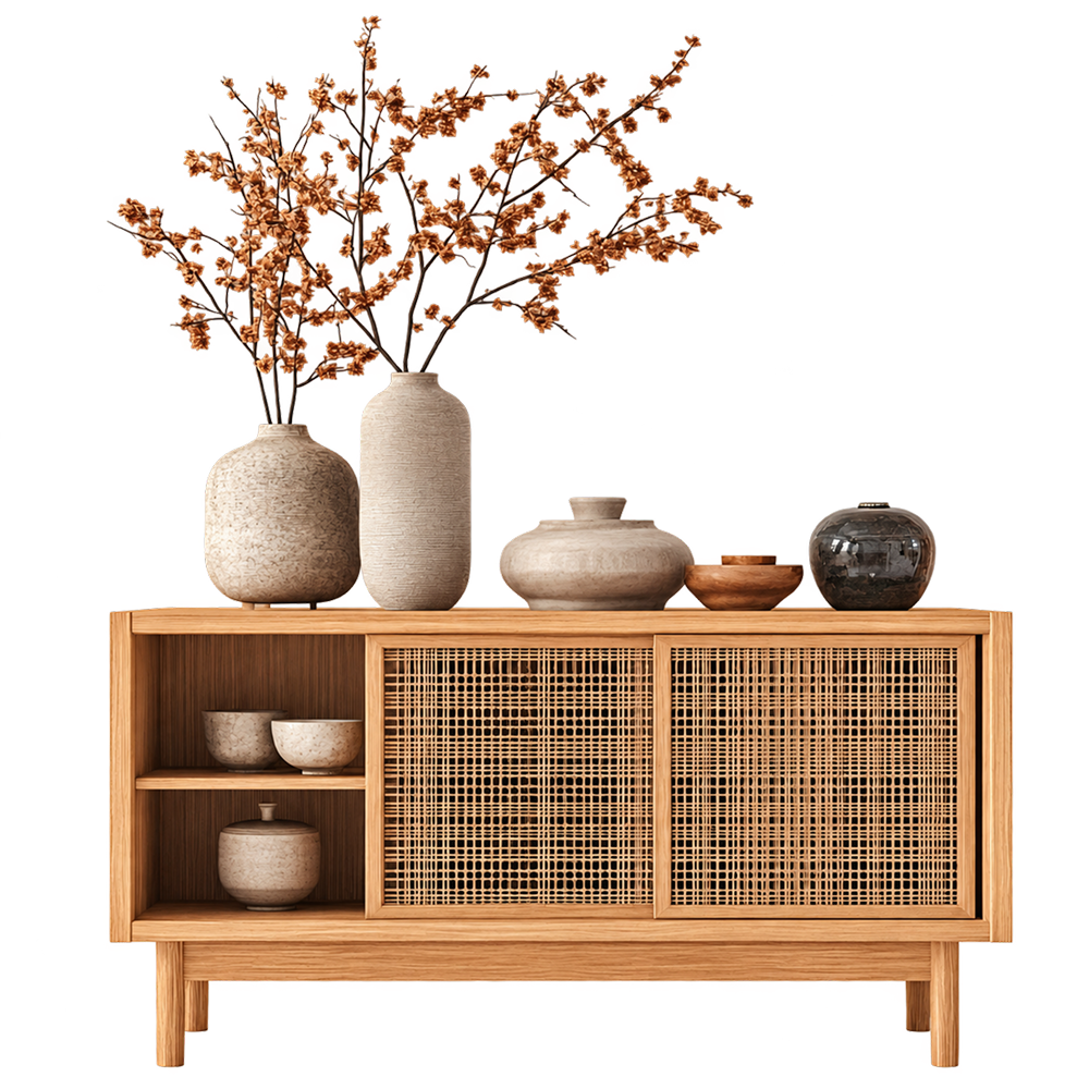 Low wooden sideboard with cane-style front panels, open shelves and decorative vases on top