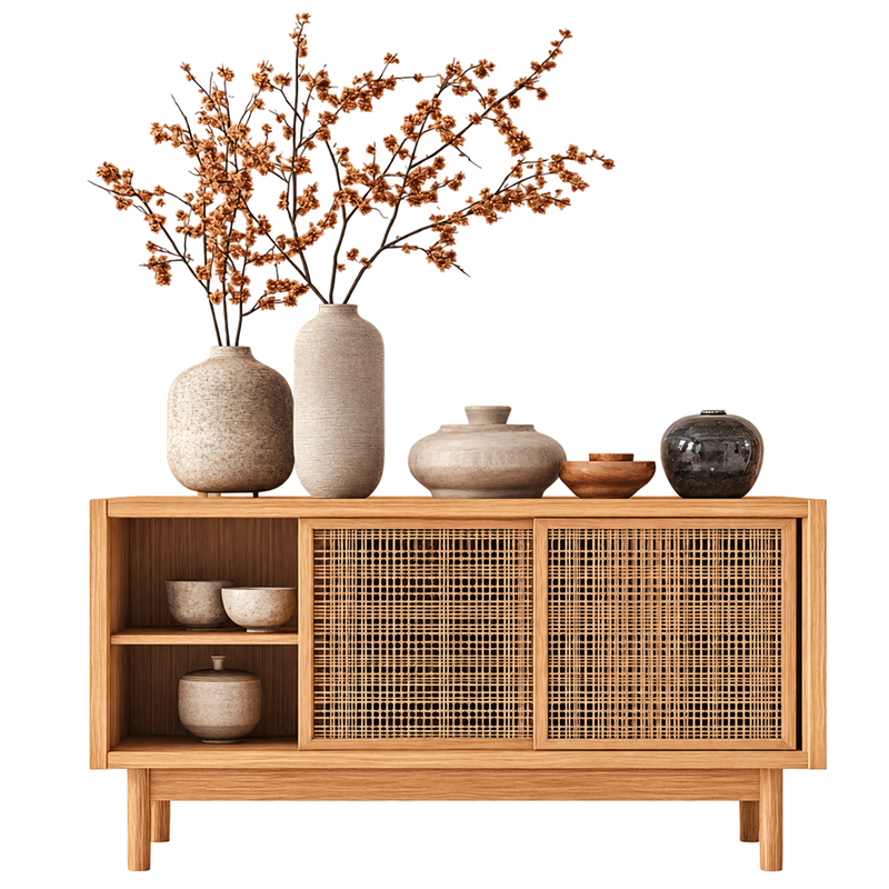 Low wooden sideboard with cane-style front panels, open shelves and decorative vases on top
